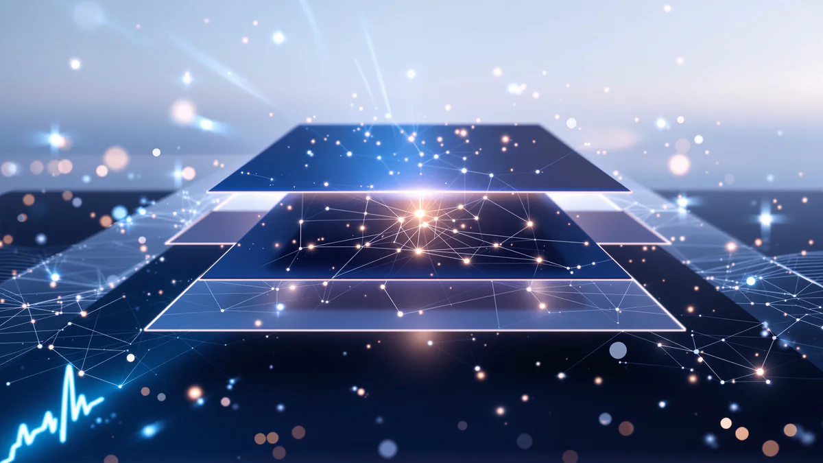 Abstract layered geometric planes in navy and charcoal with glowing interconnected nodes representing healthcare data optimization and AI search visibility pathways.