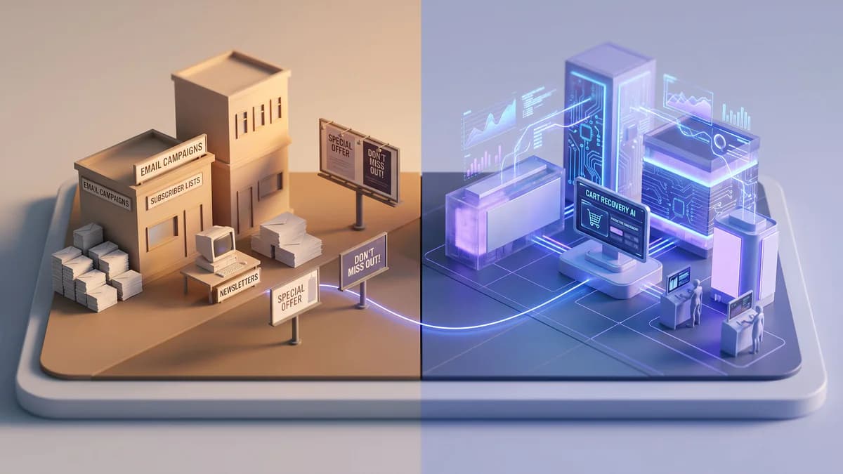 Split-screen miniature diorama comparing traditional email marketing setup on left with AI-powered digital recovery interface on right, connected by indigo accent lighting.