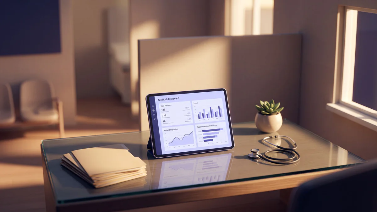 Miniature medical practice workspace with glowing tablet showing healthcare metrics, patient files, and stethoscope in warm golden light.