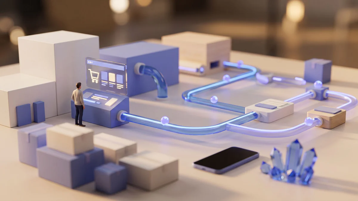 Miniature e-commerce checkout scene with glowing product cards, shopping cart, and flowing periwinkle light paths representing AI personalization on a mobile device.