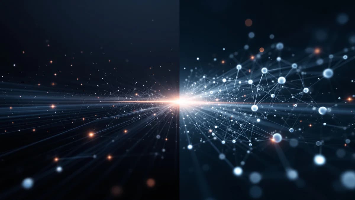 Abstract visualization of AI neural network nodes connected by flowing light streams against dark background, representing intelligent product discovery and conversion optimization.