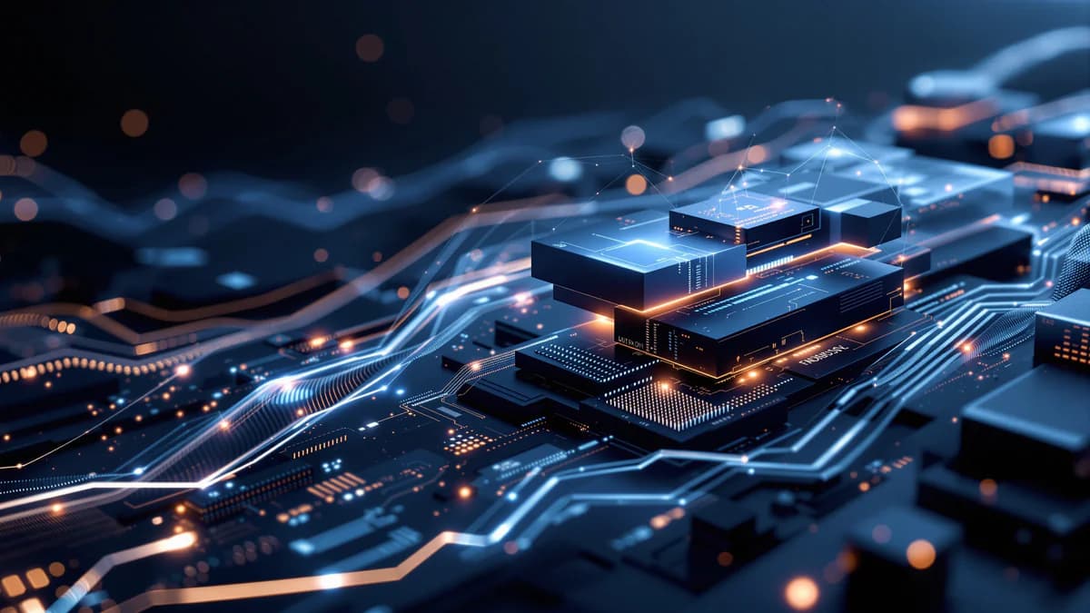 Abstract layered technology architecture with interconnected geometric nodes, flowing data streams, and crystalline structures in navy and gray tones with ambient lighting effects.