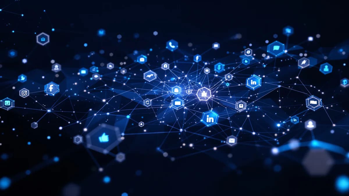 Abstract geometric nodes and glowing data streams converging into a unified digital hub, representing interconnected social media platforms with AI integration and modern tech aesthetic.