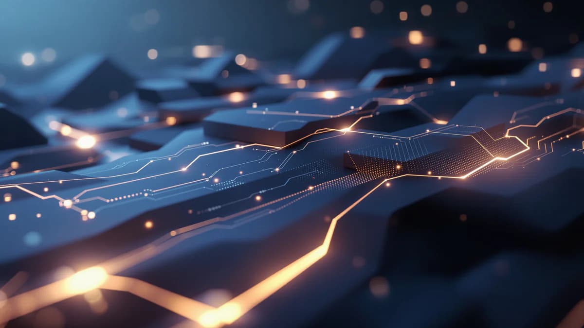 Abstract geometric layers with glowing circuit pathways and luminous nodes representing AI-driven automation and data flow in deep blue and gray tones.