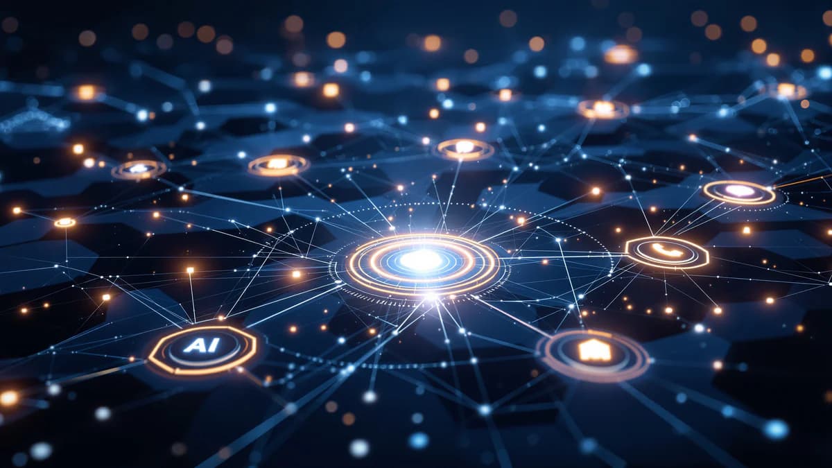 Abstract geometric network with interconnected glowing nodes and pathways converging toward a central point, representing multi-platform local discovery integration.