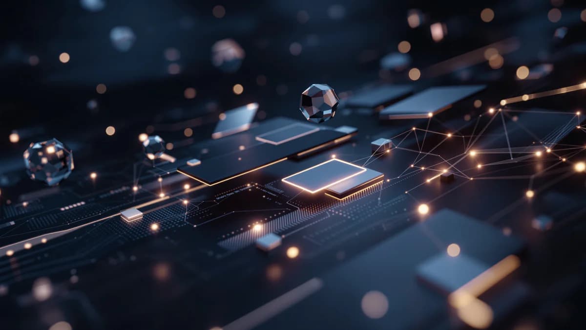 Abstract digital interface with floating geometric shapes, glowing connection lines, and volumetric lighting in dark navy and gray tones.