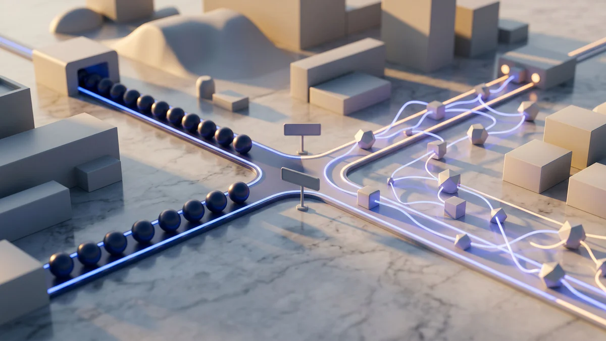 Two diverging strategic pathways in miniature: linear traditional approach on left, interconnected network approach on right, separated by a central fork point with periwinkle accent lighting.
