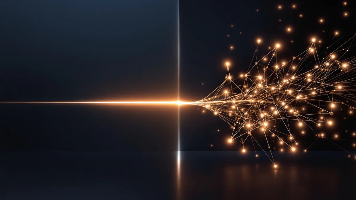 Abstract geometric comparison showing two distinct paths: minimalist single line on left, interconnected network on right, separated by gradient lighting against dark background.