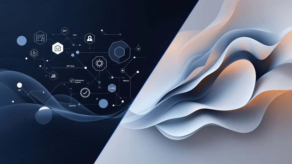 Abstract split composition with geometric shapes and interconnected nodes on one side, flowing layered forms on the other, representing DIY versus professional SEO strategy choices.
