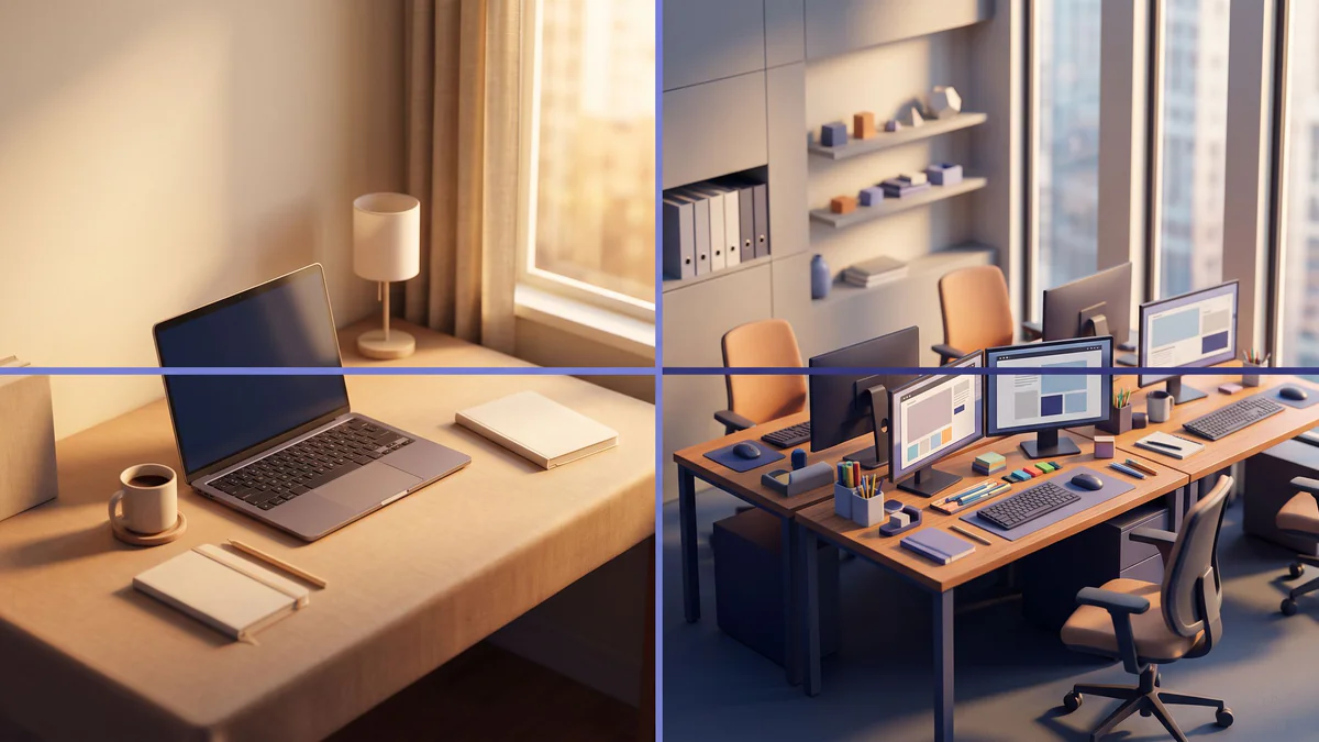 Split-screen diorama comparing solo home workspace and modern agency office setup with golden-hour lighting and cinematic depth of field.