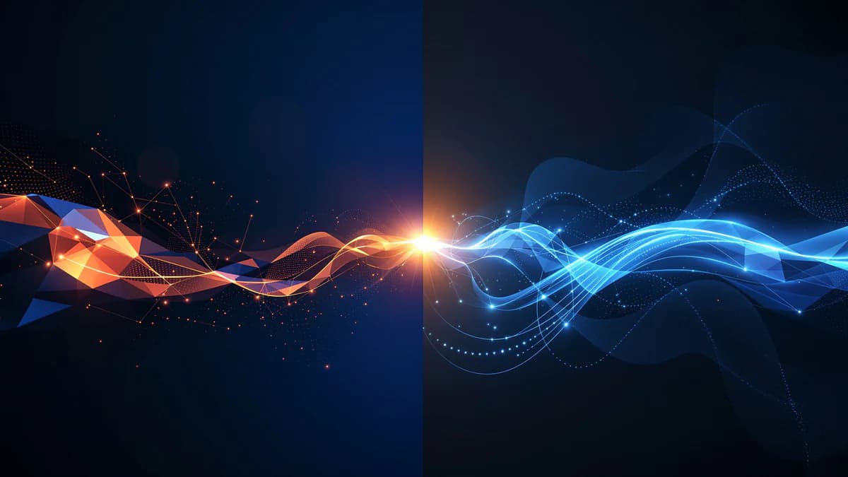 Abstract geometric design showing two diverging pathways merging into interconnected nodes, representing emergency and maintenance service marketing strategies with contrasting angular and flowing forms.