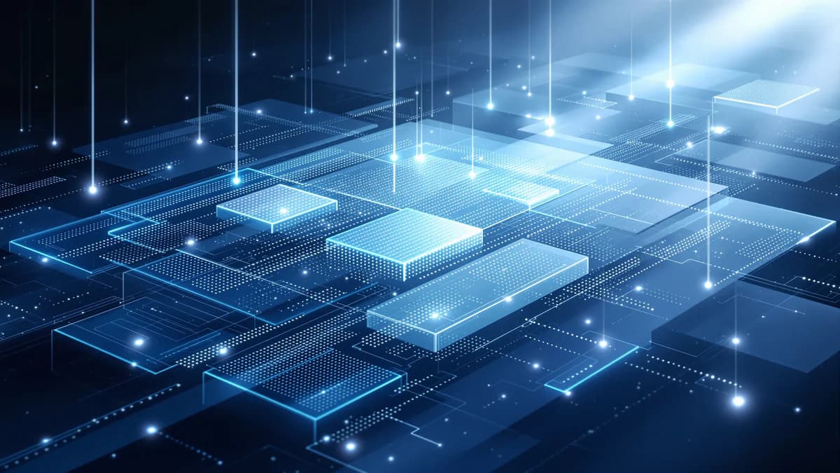 Abstract geometric layers and interconnected blocks in navy and gray tones, representing integrated enterprise technology systems with volumetric lighting.