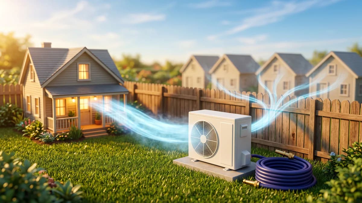 Backyard air-conditioning condenser sending one strong cool-air stream to a single glowing home while a thin stream splits toward five faded houses beyond the fence.