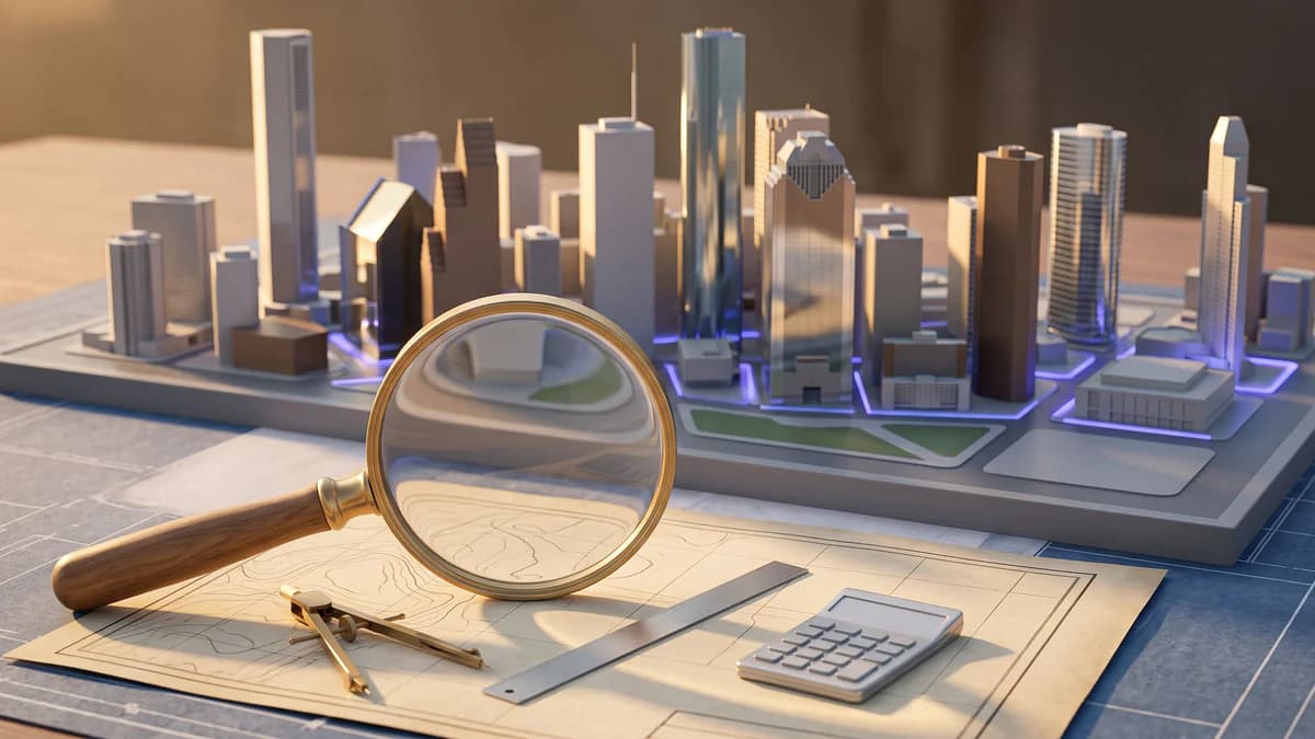 Golden-hour diorama of Houston skyline with magnifying glass, map, and precision tools on blueprint surface.
