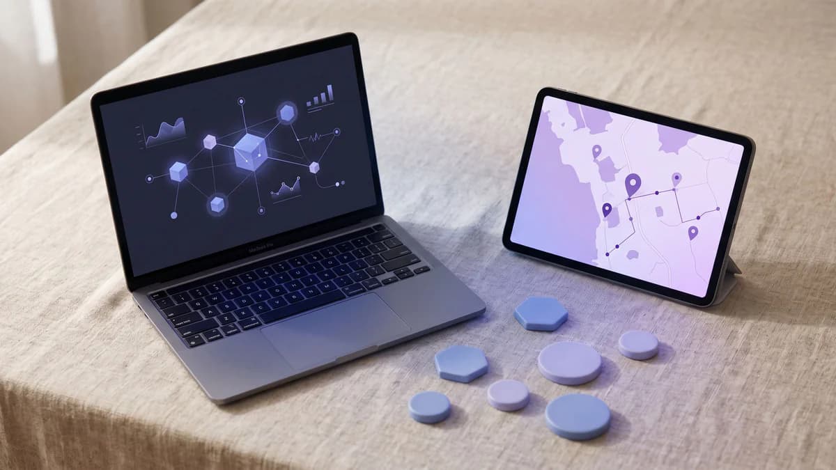 Minimalist workspace with laptop and tablet displaying analytics and map interfaces, surrounded by geometric shapes in indigo and lilac on warm linen background.