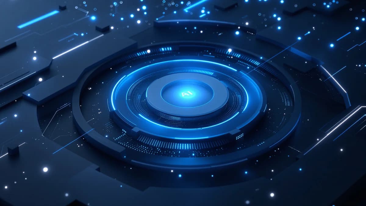 Abstract layered geometric planes in navy and charcoal with luminous blue accents, interconnected nodes, and volumetric light rays representing AI search optimization and digital authority.