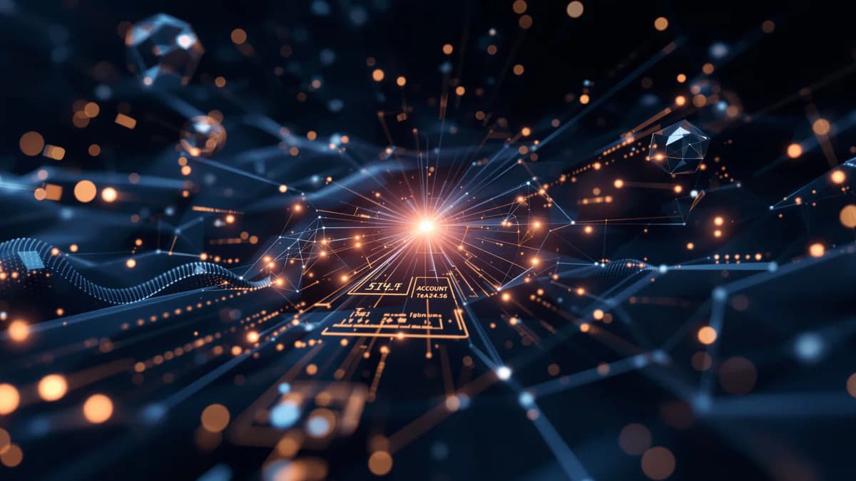 Abstract geometric interface with interconnected nodes, flowing data streams, and layered planes in navy and charcoal tones with soft ambient lighting.