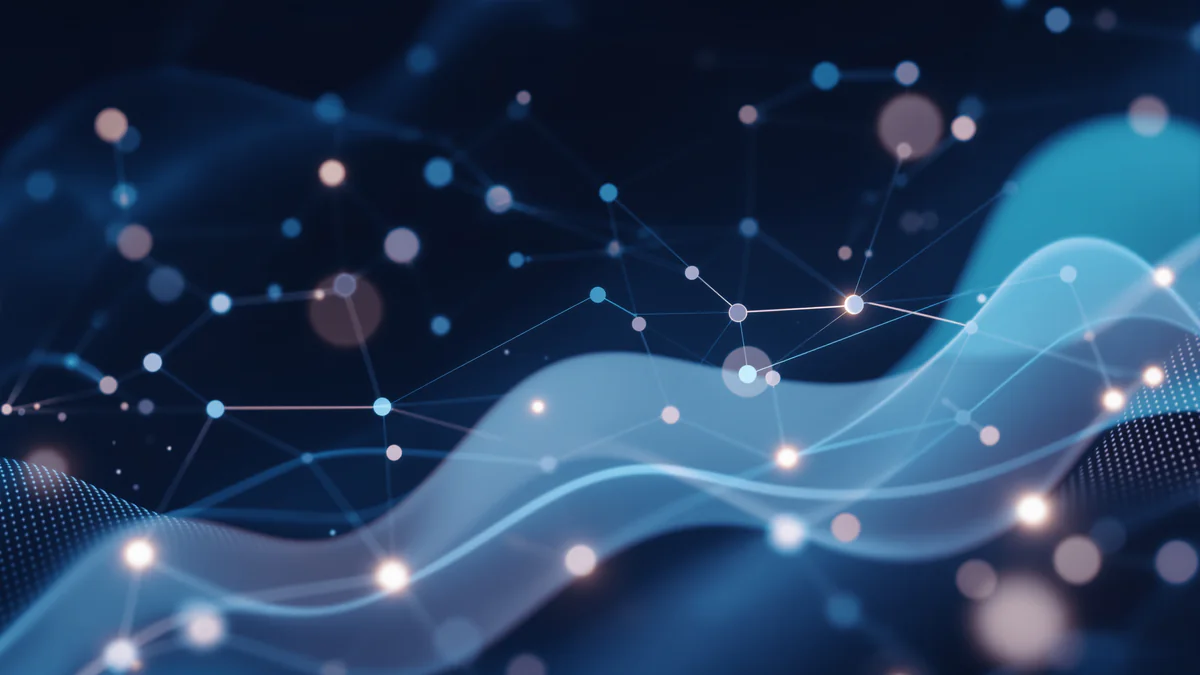 Abstract geometric network diagram with interconnected nodes and flowing data pathways on dark navy background with cyan accents.