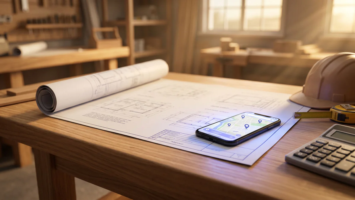 Contractor workspace with blueprint, smartphone map interface, hard hat, measuring tape, and calculator in golden-hour lighting with periwinkle screen glow.