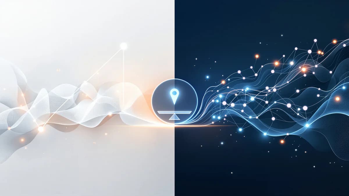 Abstract comparison visualization with two diverging pathways converging at center, representing paid ads and organic SEO strategies in contrasting geometric styles.