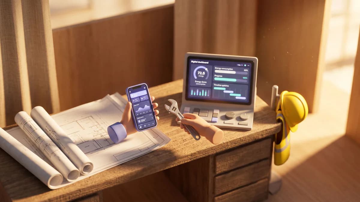 Miniature construction control room with blueprints, metrics dashboard, wrench, and smartphone in golden-hour lighting with indigo accents.