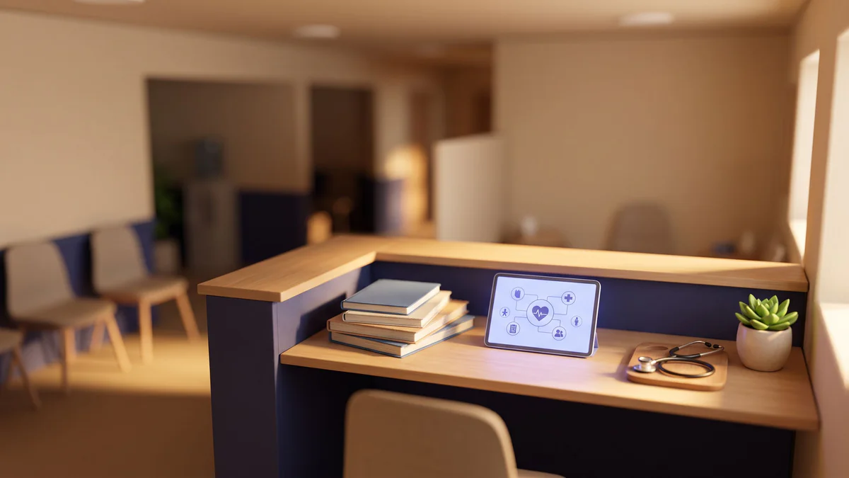 Golden-hour tilt-shift medical desk scene with journals, glowing tablet, stethoscope, and periwinkle accent lighting in a modern healthcare setting.