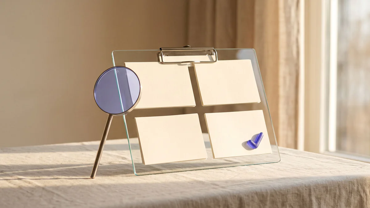 Sunlit glass clipboard with organized schema cards, periwinkle magnifying glass, and indigo validation accent on warm linen background.
