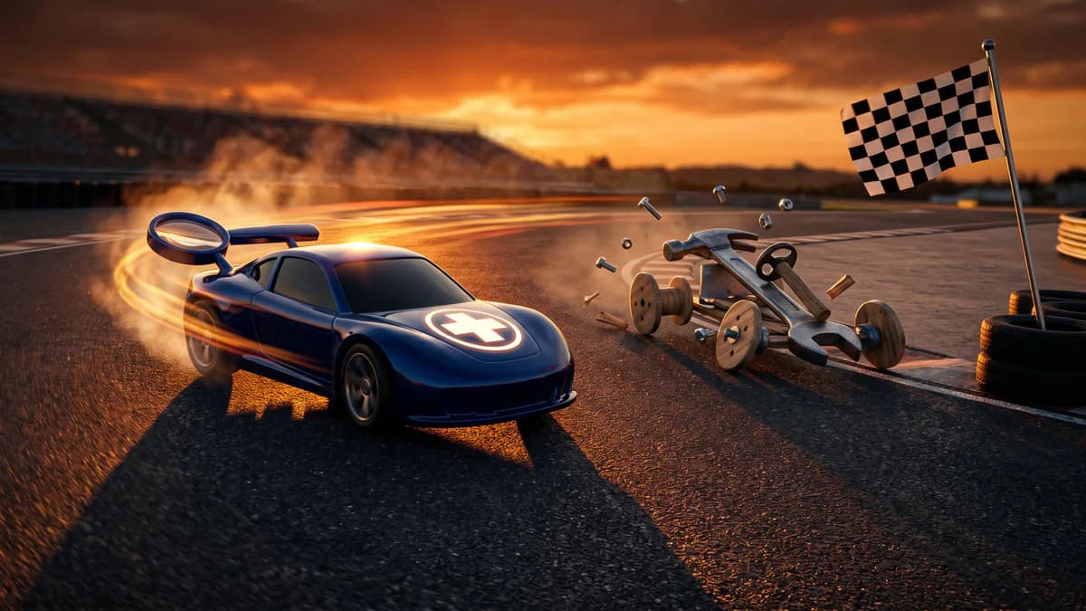 Sleek indigo race car with a magnifying-glass spoiler and medical cross speeding past a broken kart built from hand tools on a golden-hour racetrack.