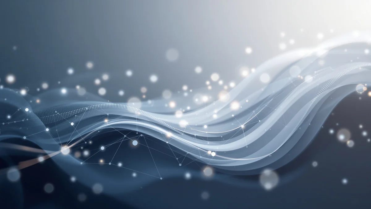 Abstract digital nodes and data streams converging in layered geometric composition, representing automated marketing workflow optimization.