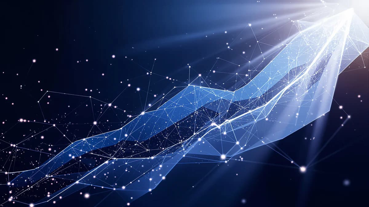 Abstract geometric nodes connected by glowing pathways ascending upward in deep navy and charcoal tones with pale gray accent lines, representing AI-driven lead growth and digital optimization.