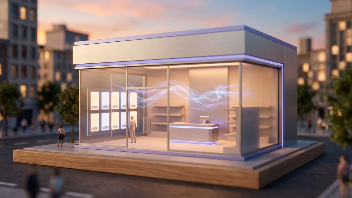 Miniature e-commerce storefront with glowing product cards, periwinkle-lit checkout counter, and holographic AI wisps in golden-hour lighting.