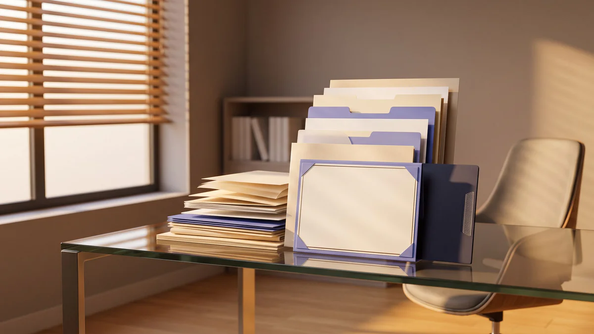 Stacked medical credentials and trust materials arranged on a glass desk in golden-hour light, with periwinkle accent holder and professional folder.