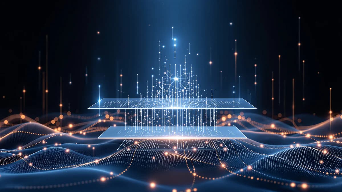 Abstract digital visualization with interconnected geometric nodes, upward-flowing data streams, and luminous accent lines representing AI search optimization and local business visibility.