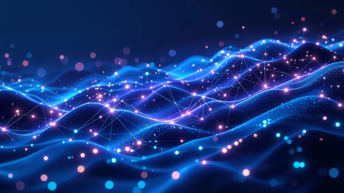 Abstract digital network with glowing interconnected nodes and geometric planes suggesting AI search visibility and data authority.