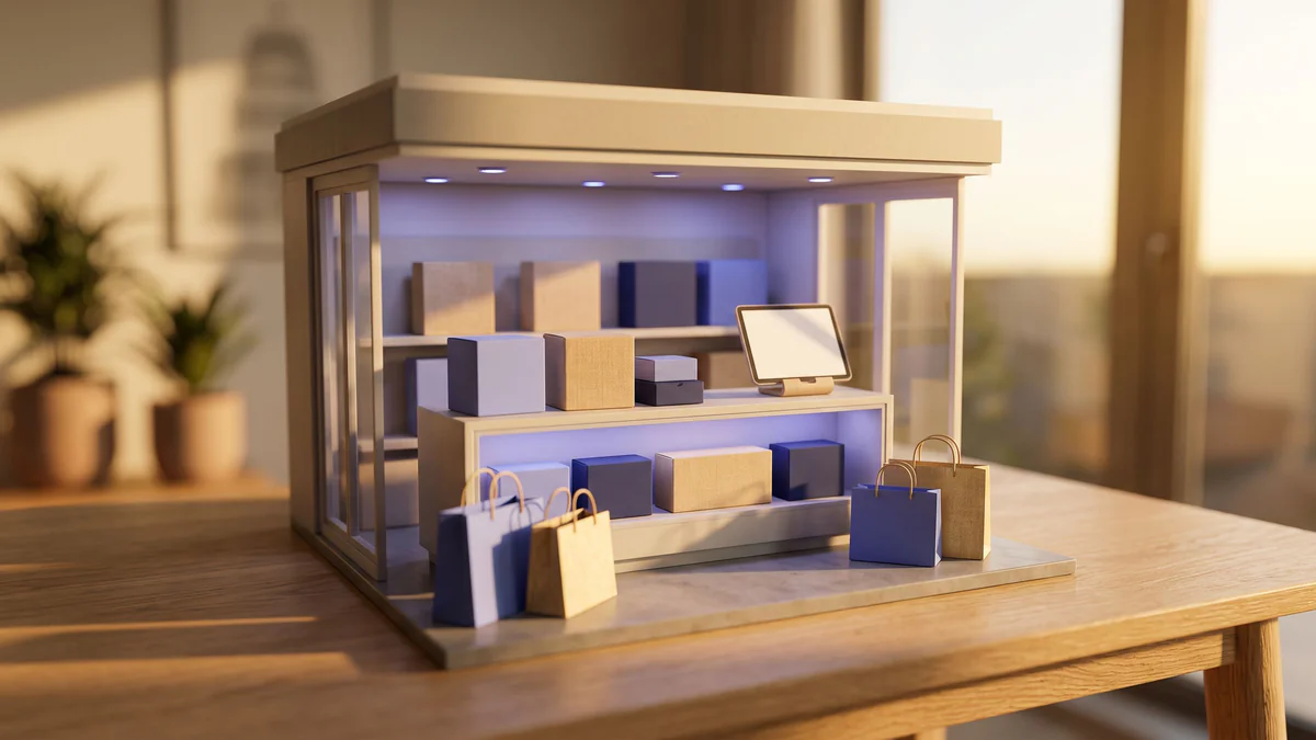 Miniature e-commerce storefront with product boxes, shopping bags, and digital tablet showing sales growth in golden-hour lighting.