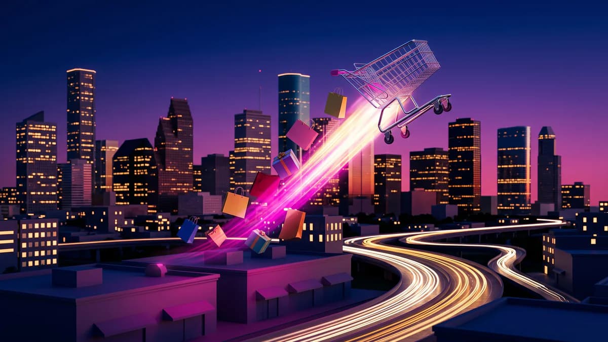 Chrome shopping cart rocketing upward over the neon downtown Houston skyline at night on a magenta and gold light plume.