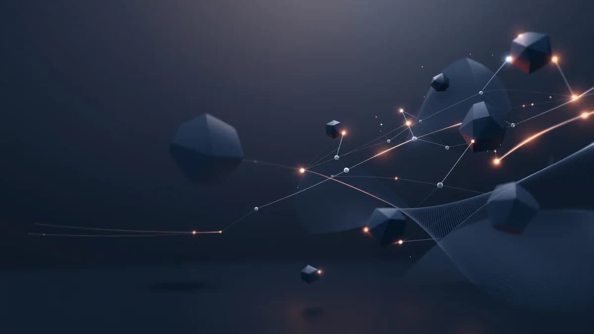 Abstract geometric shapes and interconnected nodes in dark navy and gray tones, representing talent discovery and recruitment networks.