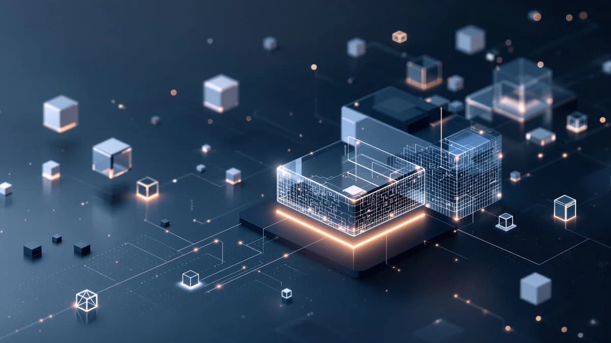 Abstract geometric shapes connected by flowing data streams, representing integrated marketing tools and unified workflow systems in cool blue and gray tones.