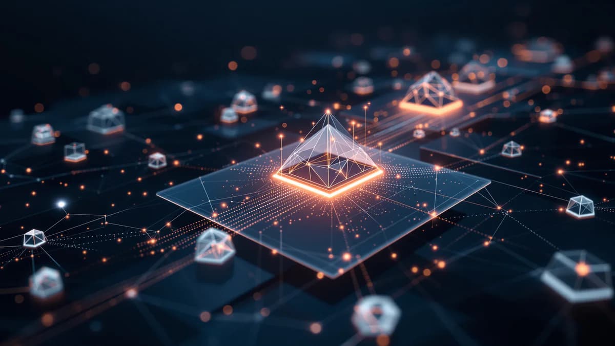 Abstract geometric network nodes with flowing connection lines radiating outward, representing employee advocacy and B2B pipeline growth through professional networks.
