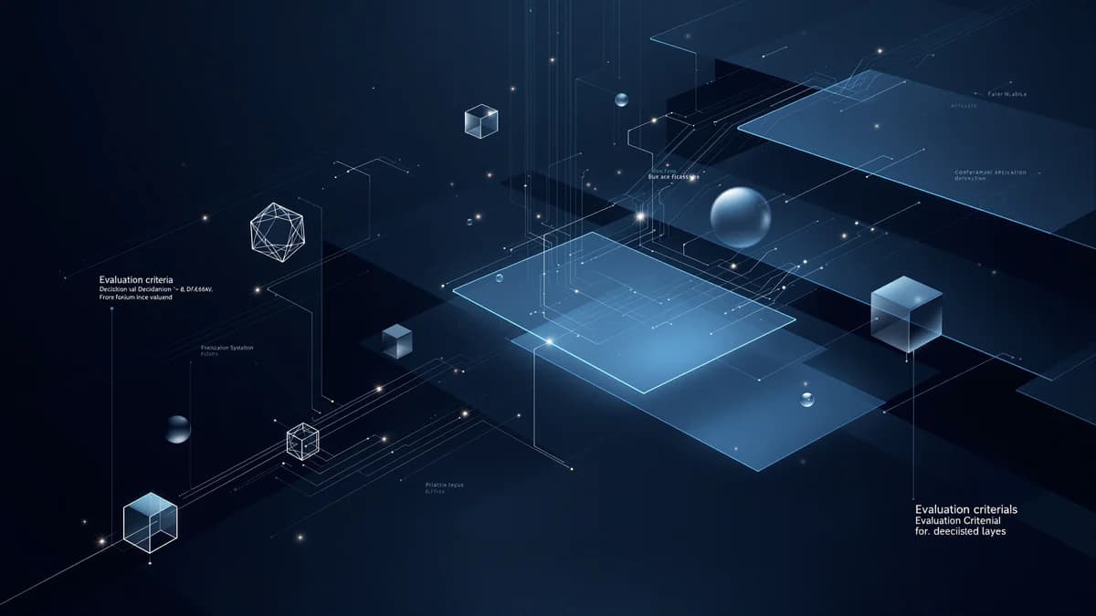 Abstract layered geometric framework with interconnected nodes and soft lighting, representing strategic evaluation criteria and decision-making pathways.