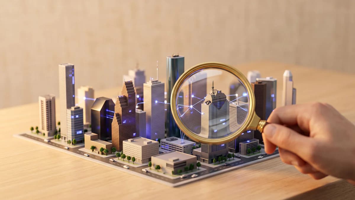 Magnifying glass revealing miniature Houston skyline with periwinkle-lit office buildings in golden-hour tilt-shift render.