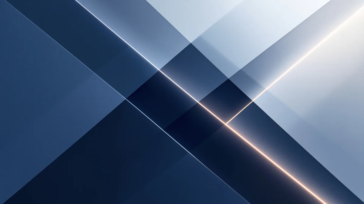 Abstract geometric planes in navy and charcoal intersecting with volumetric light rays, representing strategic decision-making and agency evaluation.