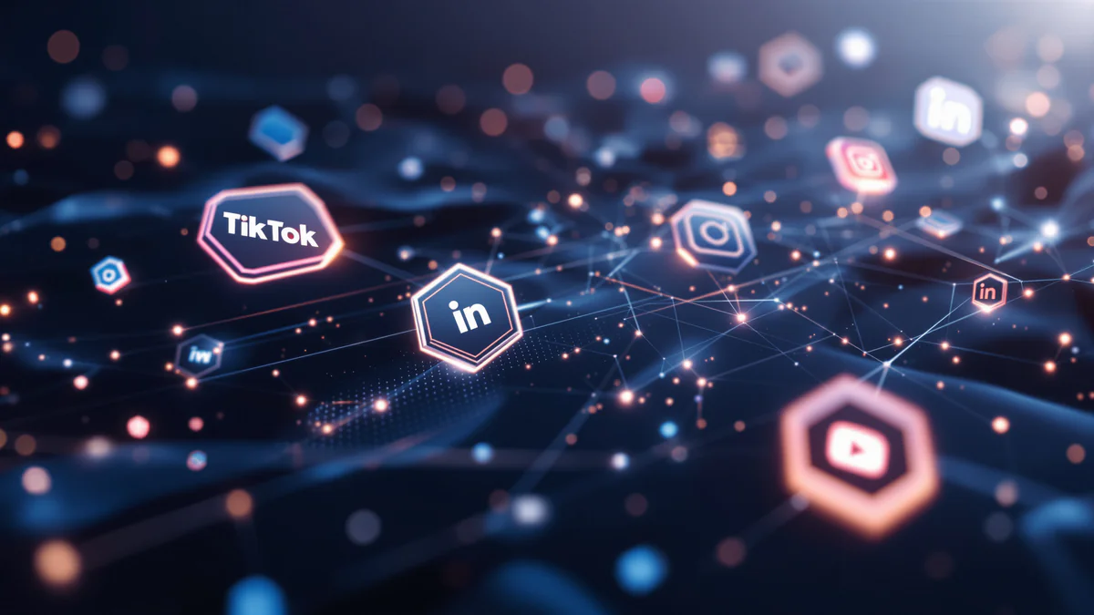 Abstract interconnected network of social media platform nodes with flowing light trails representing digital connectivity and local search optimization.