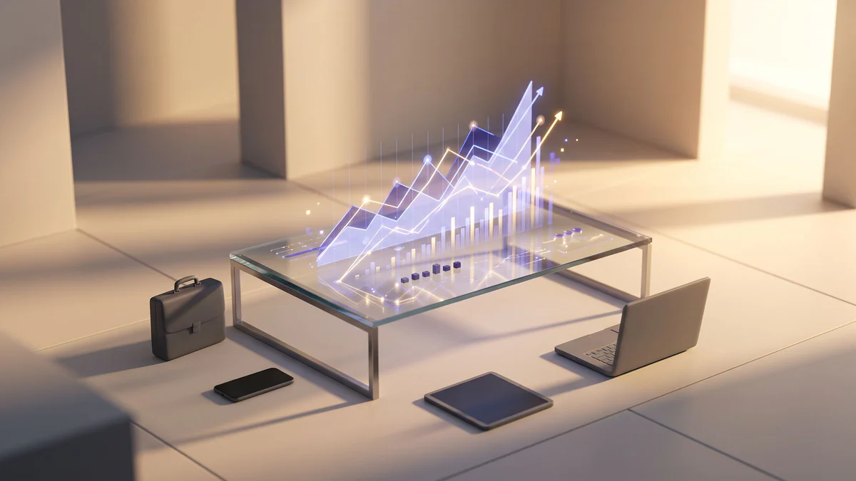 Miniature trading floor with glowing data charts, comparison metrics, and platform-representing objects in golden light with periwinkle accents.