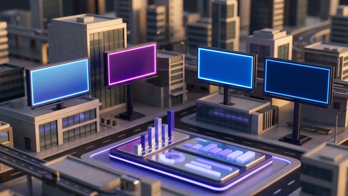 Neon-lit digital advertising platform billboards in a modern cityscape with glowing analytics dashboards and comparison charts in indigo and periwinkle tones.