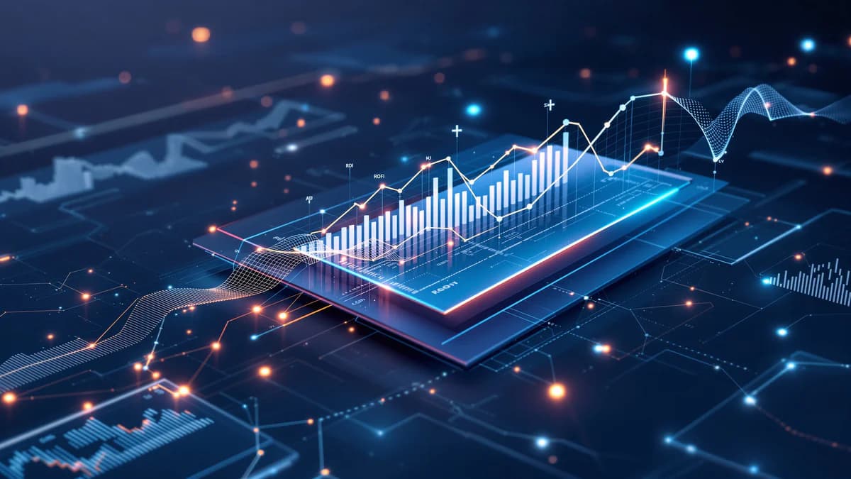 Abstract digital landscape with interconnected geometric nodes and data visualization elements representing multiple advertising platforms and ROI metrics