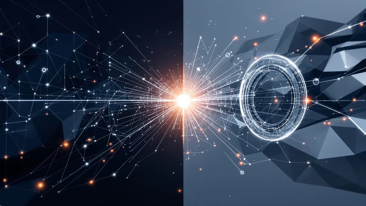 Two geometric pathways—structured angular forms and flowing curves—converge toward a glowing central hub, representing social media traffic convergence.