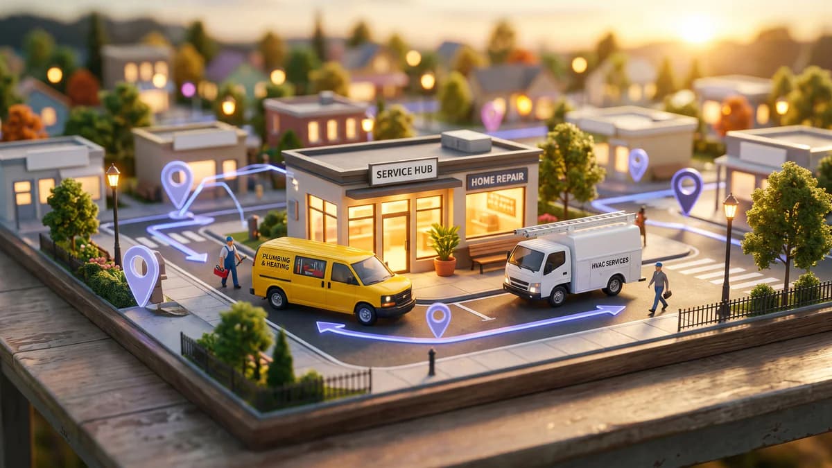 Golden-hour miniature neighborhood scene with service vehicles, storefronts, and glowing directional map pins in periwinkle tones.
