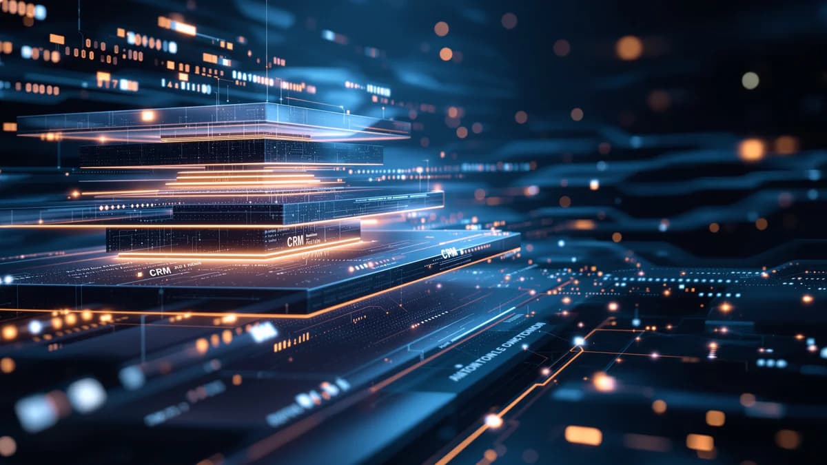 Abstract layered digital infrastructure with interconnected geometric shapes, flowing data streams, and volumetric lighting representing marketing automation systems.