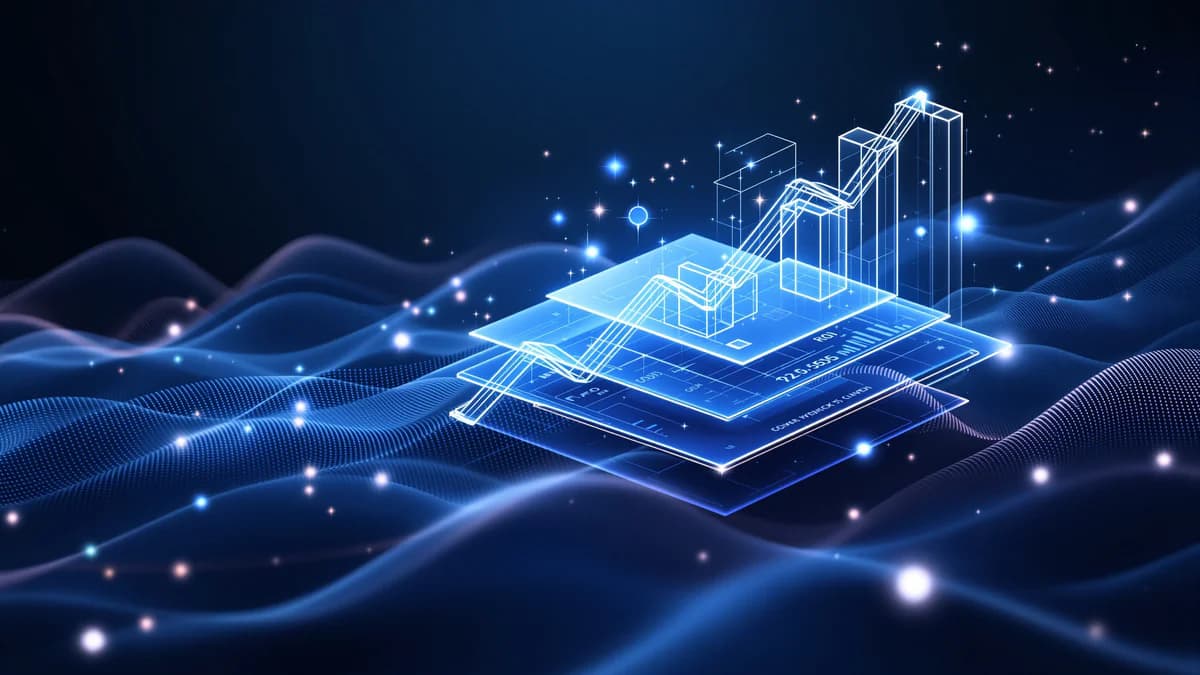 Abstract layered geometric shapes with glowing data visualization nodes and interconnected lines representing ROI metrics and analytics tracking against a dark navy background.